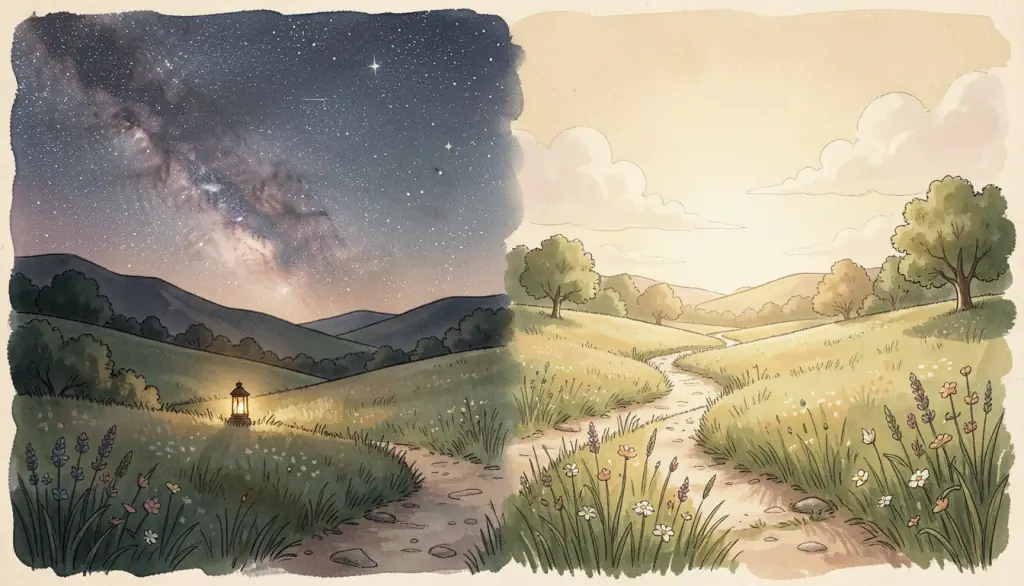 A landscape of starry night on one side and bright meadow on the other