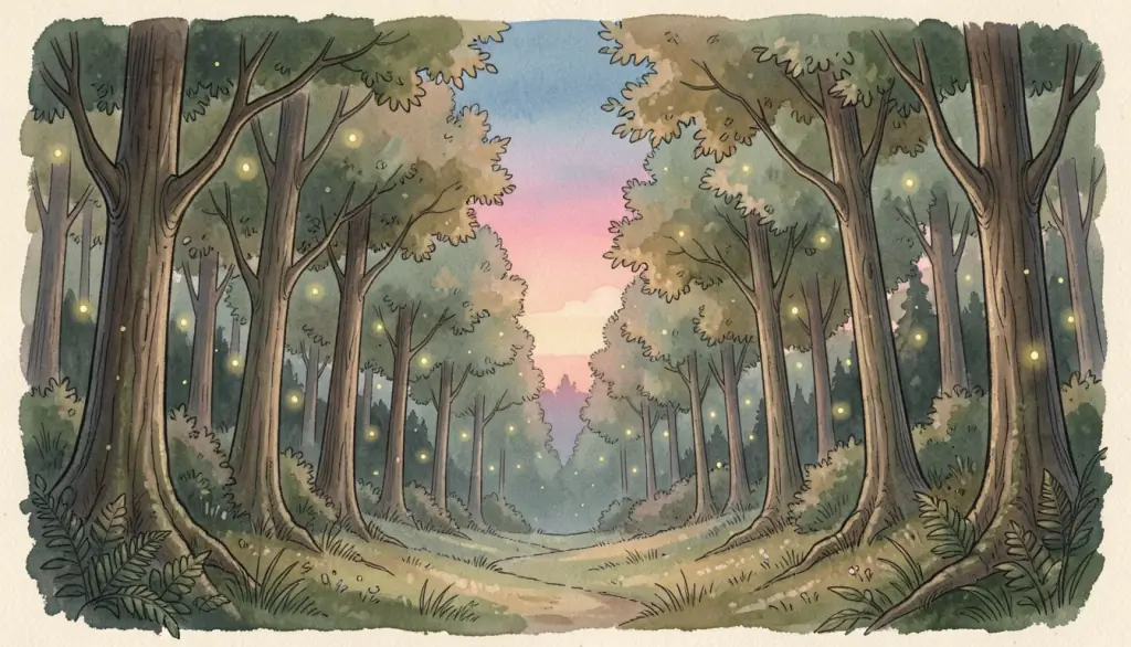 A forest at twilight with fireflies