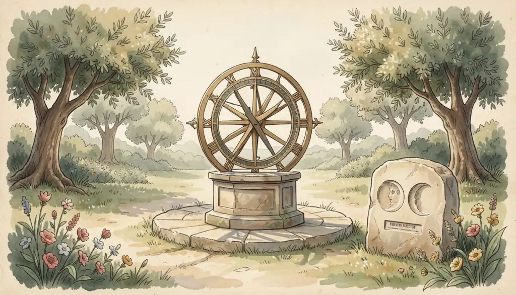 A garden sundial with long shadows and a moon-phase stone