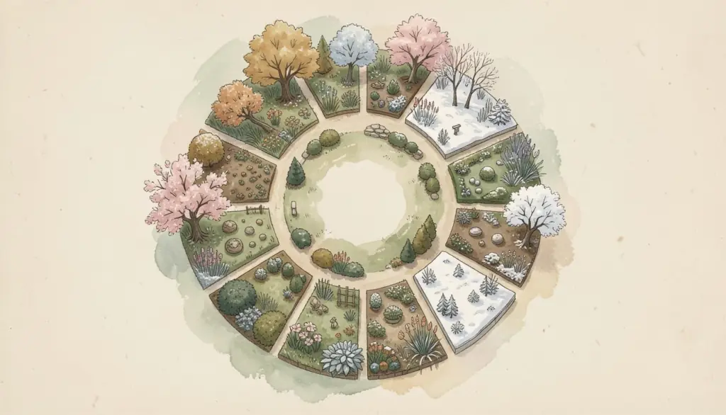 A circle of twelve small gardens in different seasons