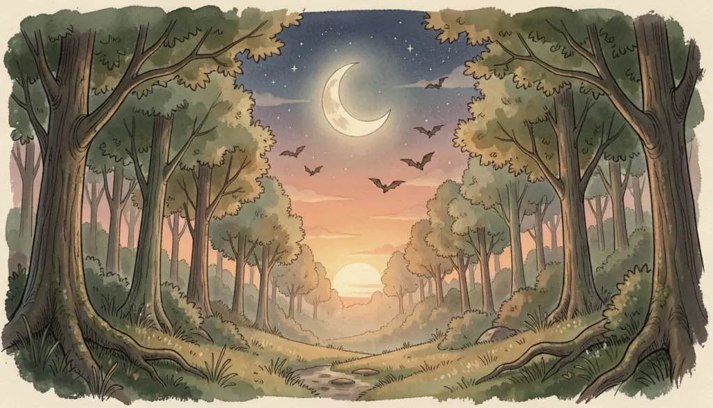 A twilight forest with a crescent moon and last sunset glow