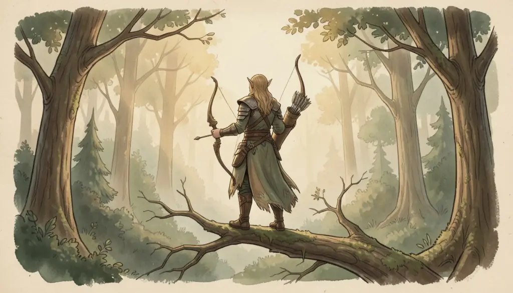 A bowman on a tree branch above a misty forest