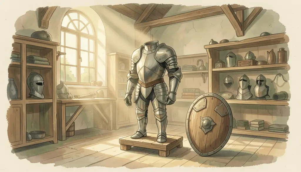 A suit of polished armour in a quiet armoury