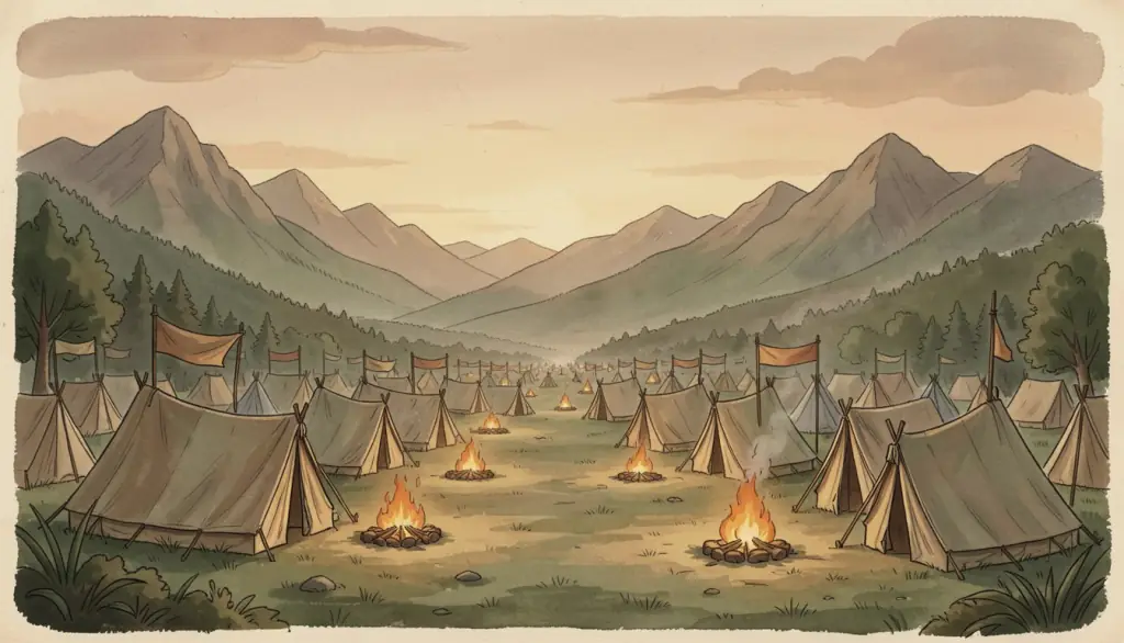 A battle camp at dusk with tents and campfires