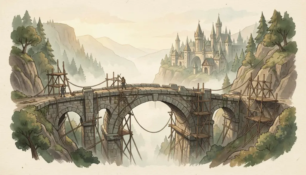 An unfinished stone bridge over a misty gorge toward a distant city