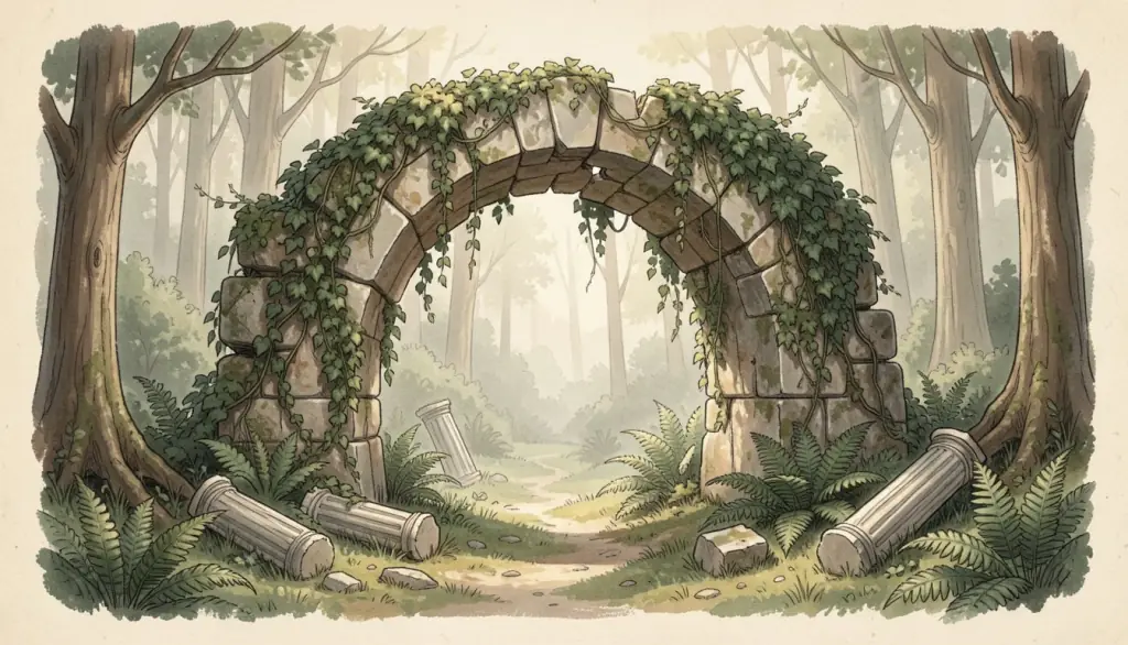 A broken stone arch with ivy in a forest clearing