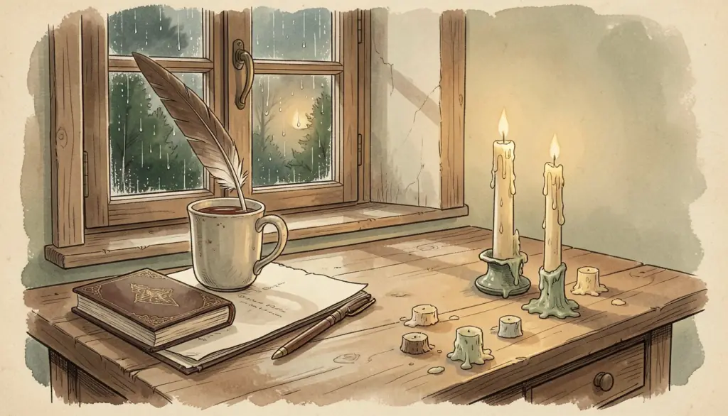 A rainy-window desk with tea, quill, notebook and candle stubs