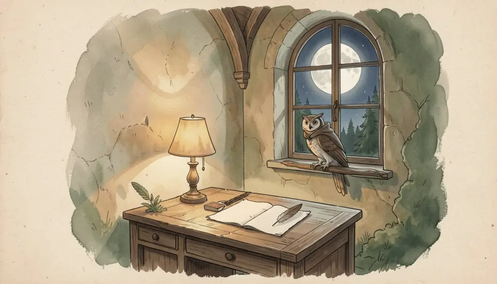 A tower study with an owl, a quill and blank parchment under moonlight