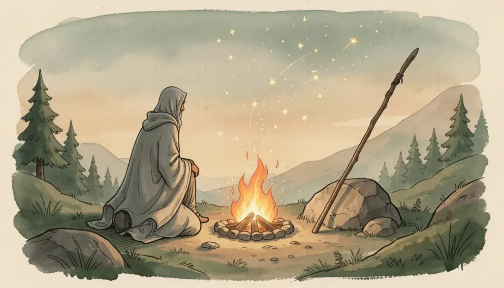 A grey-cloaked silhouette at a hilltop campfire with drifting sparks