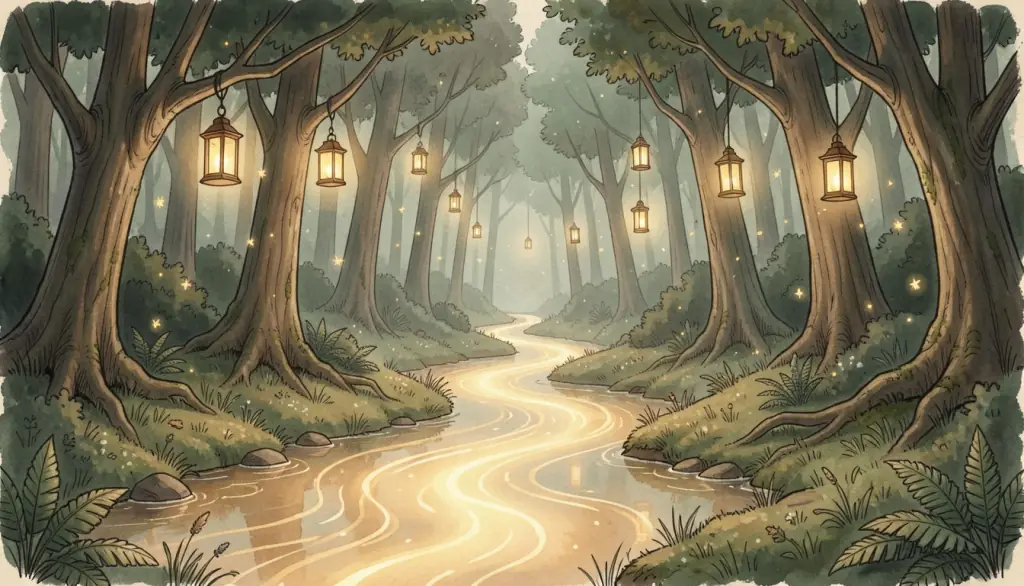 A glowing river through a dark forest with floating lanterns