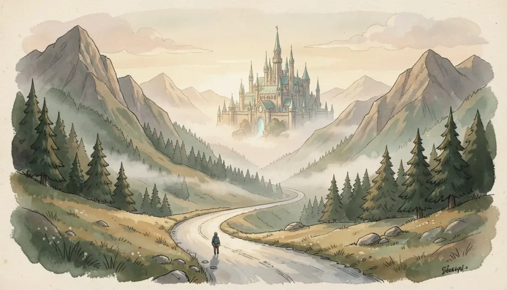 A winding path through a mountain pass toward a distant elven city