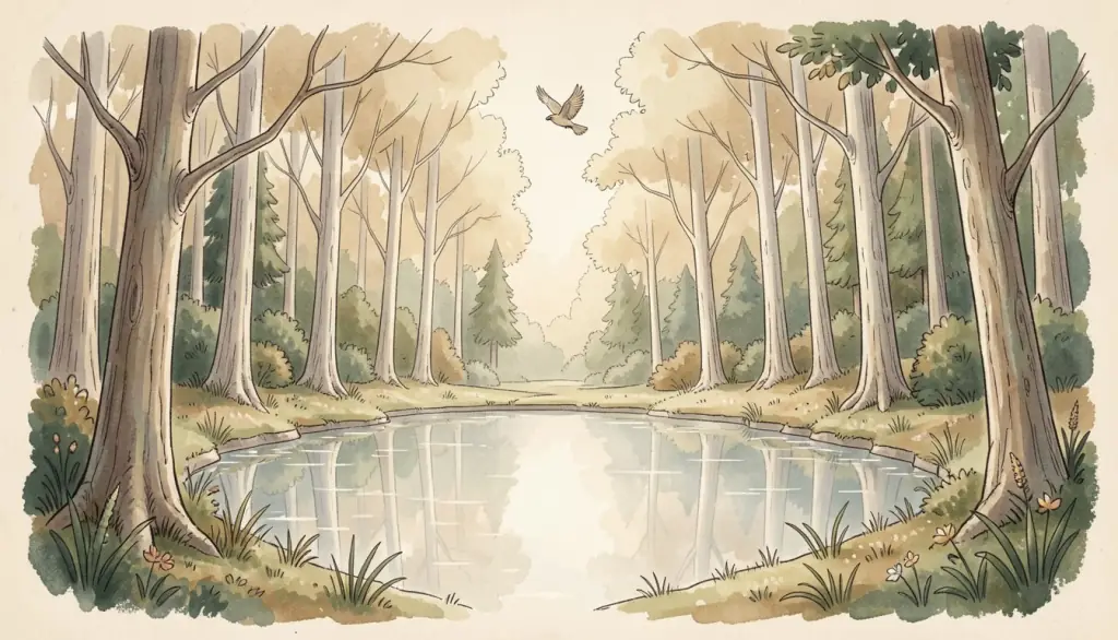 A silver-lit reflecting pool among tall pale trees with a bird above