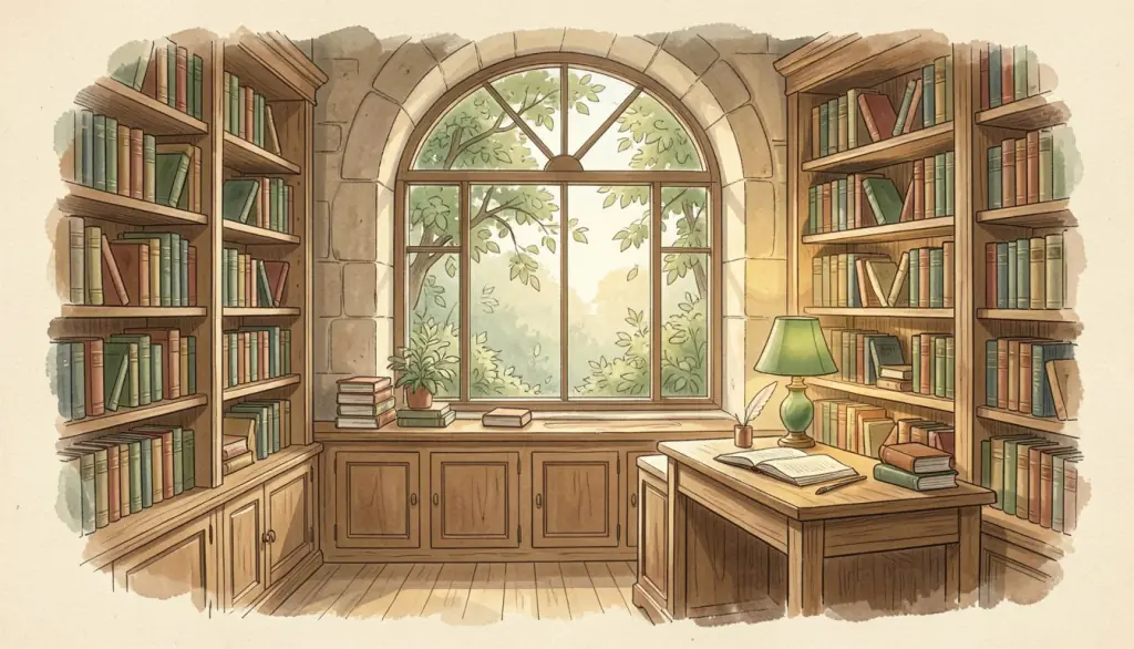 A cozy library nook with closed books, a lamp and a quill