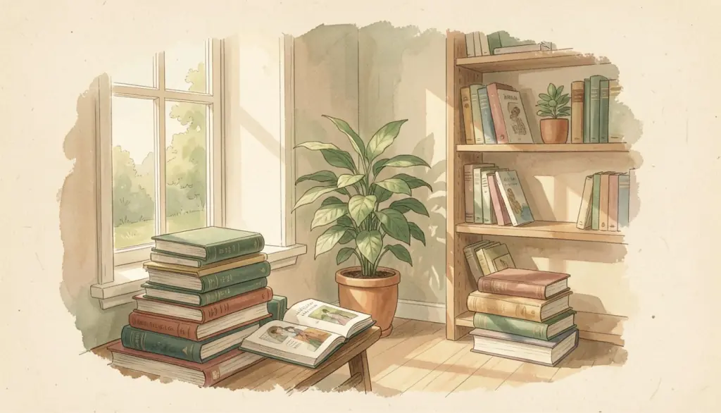 A sunlit corner with a window, closed books and a green plant