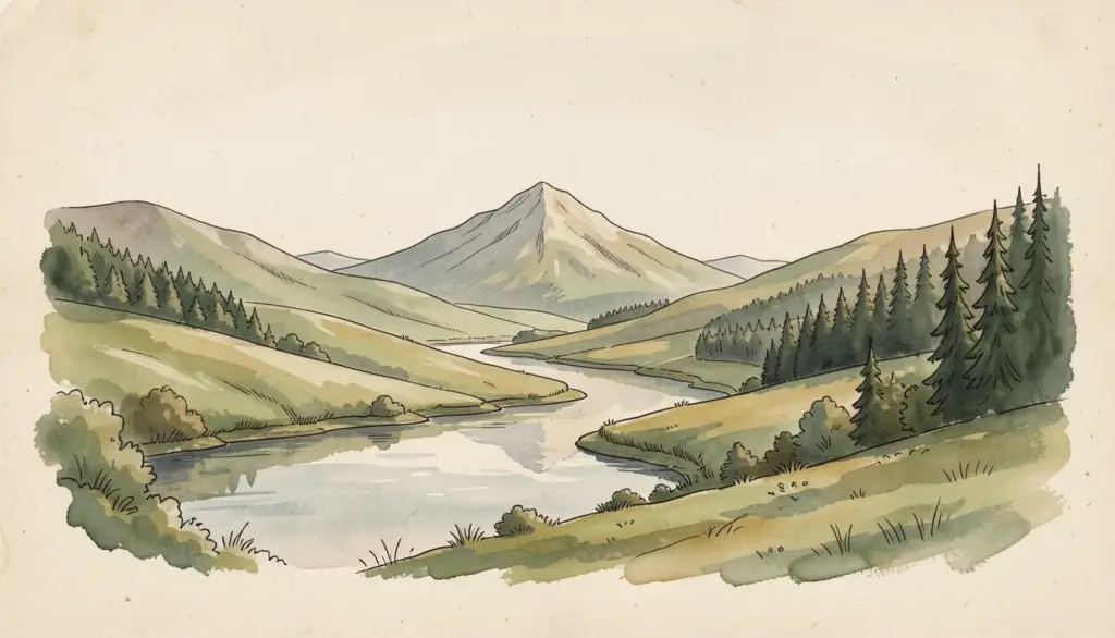 A watercolor landscape of green hills, a lone mountain, a river and a forest