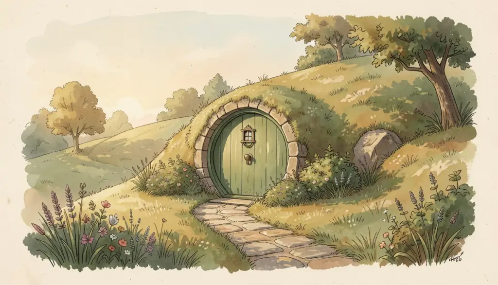 A round green door in a grassy hillside with a small garden