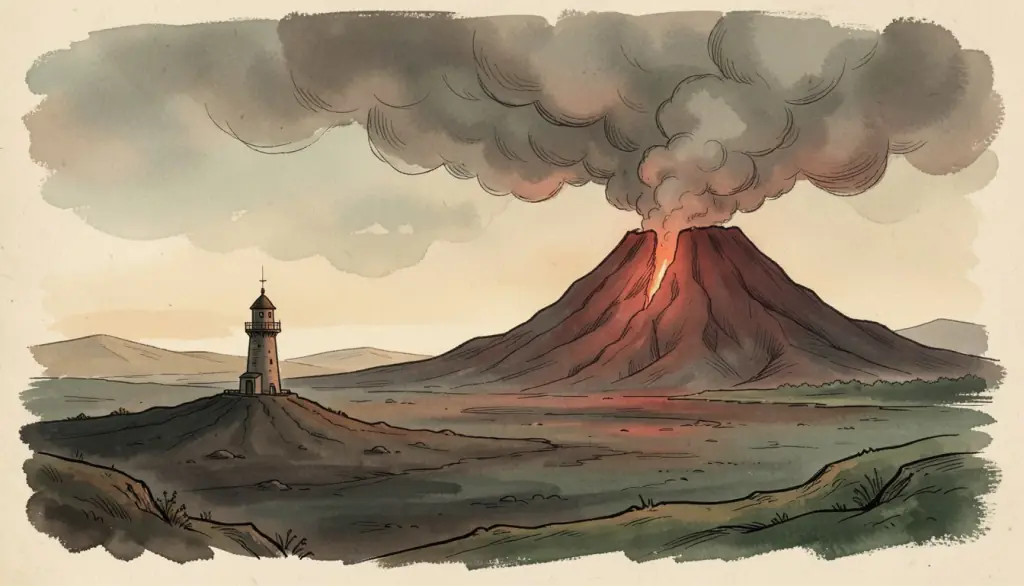 A volcanic plain with a lone tower and a glowing red mountain