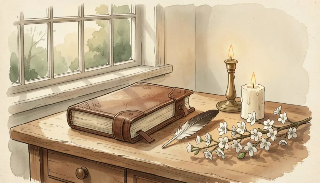 A closed leather book with a quill and candle on a wooden desk by a window.