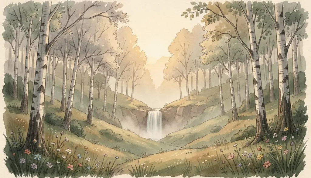 A misty birch valley with a waterfall at dawn.