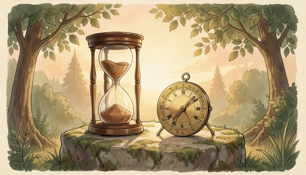 An hourglass and sundial on a mossy stone at sunset.