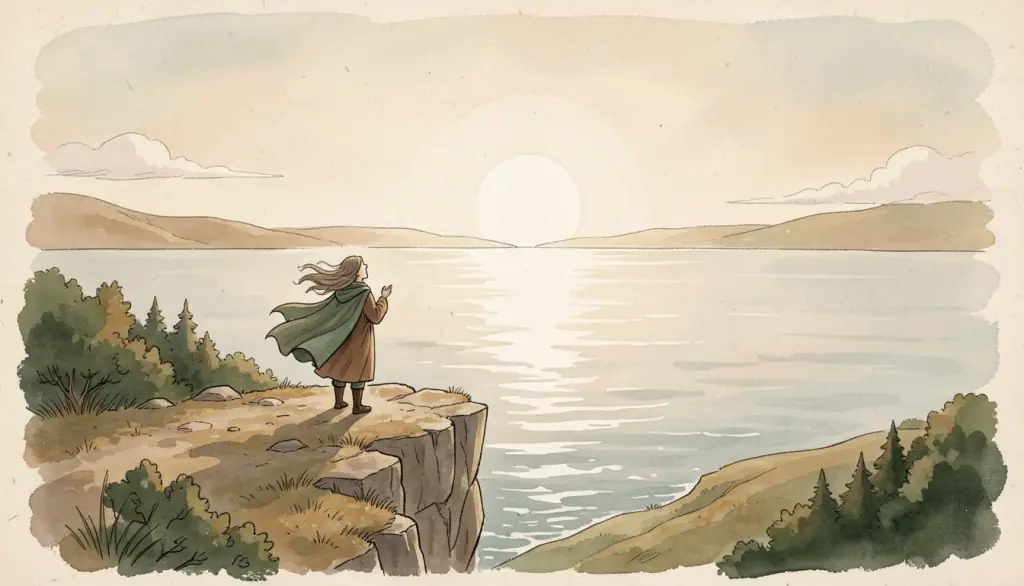 A small cloaked figure at a cliff edge above a silver sea.