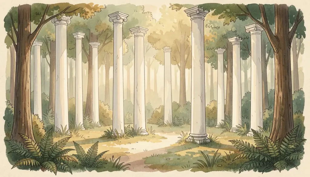 White pillars in a forest glade with shafts of sunlight.