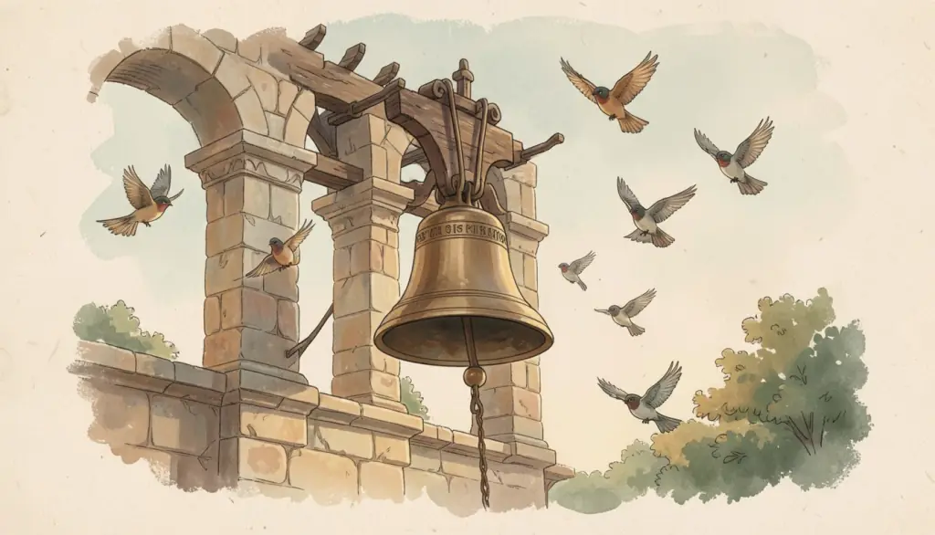 A bronze bell in a sunlit stone belfry with swallows.
