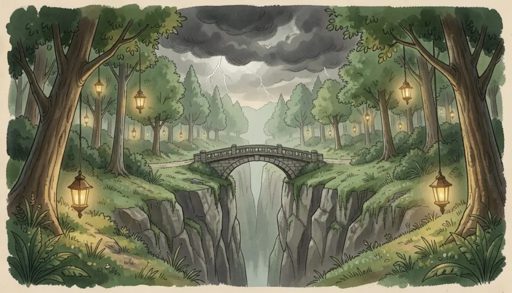 A stone bridge over a gorge in a forest under a stormy sky.