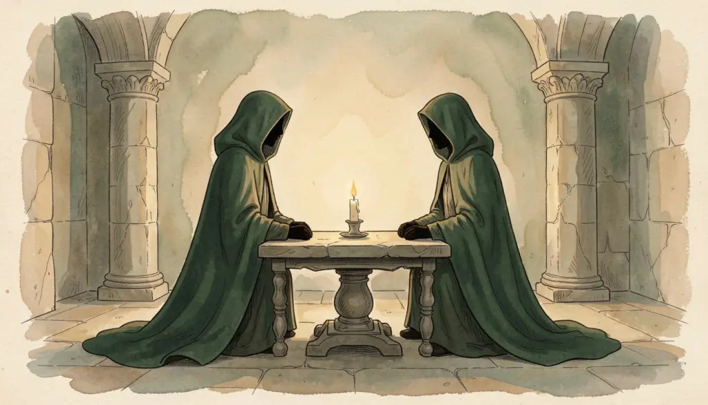 Two cloaked figures across a stone table lit by one candle.