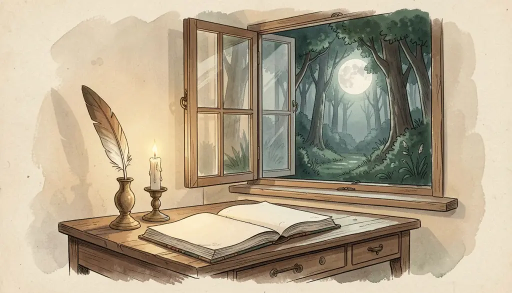 A desk with quill and blank pages by a window onto a forest.