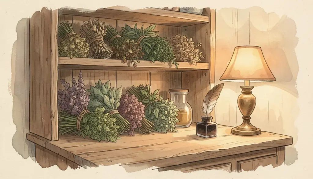 Dried herbs, a quill and an inkwell by a lamp on a shelf.