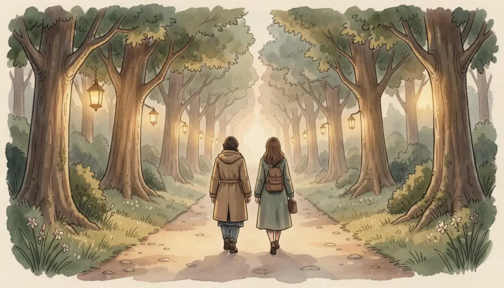 Two figures walking together on a lantern-lit forest lane.