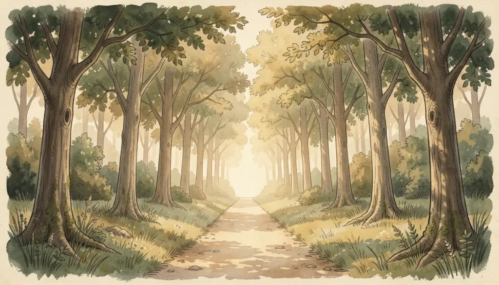 Dappled light and shade among tall beech trees.