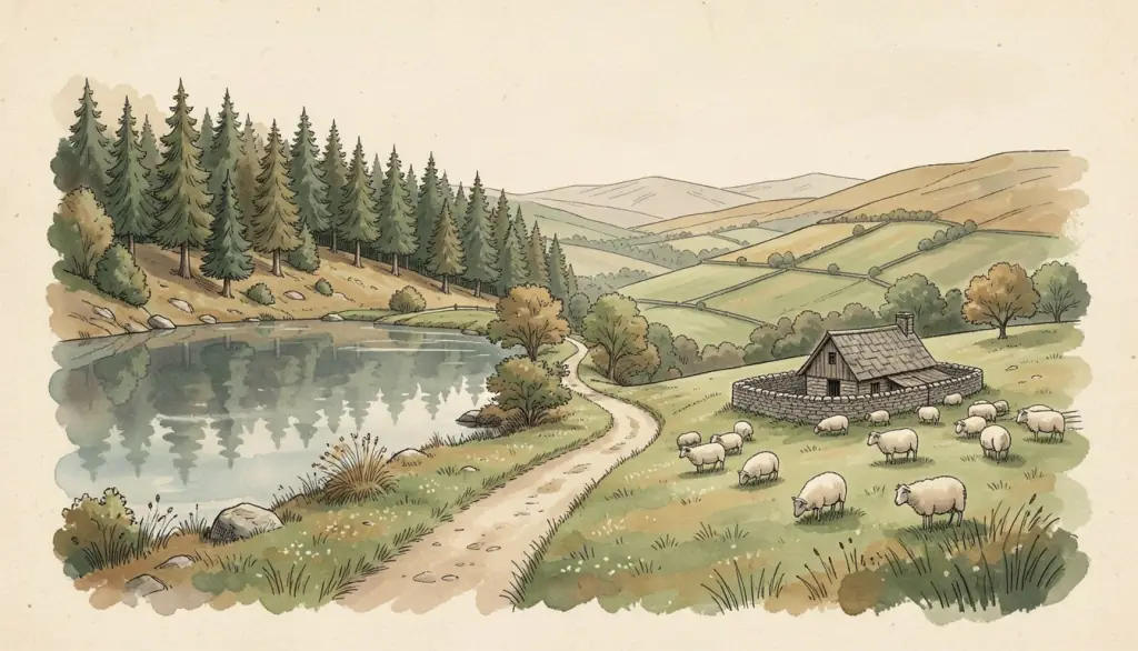 A path joining a northern pine lake and a green stone-walled valley.