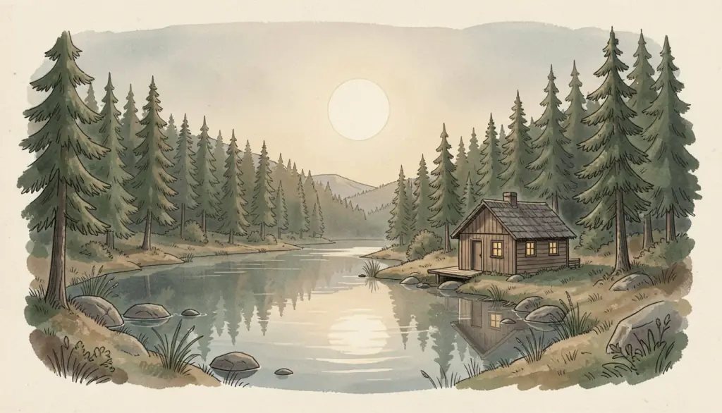A still pine-ringed lake under a pale midnight sun.