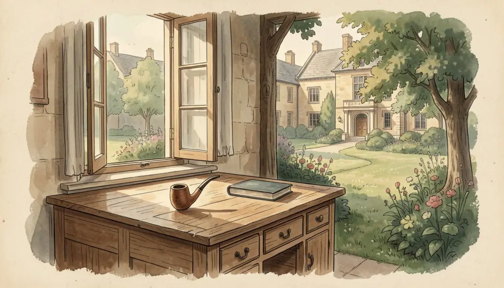 A desk with a pipe and closed book by a window onto a garden.