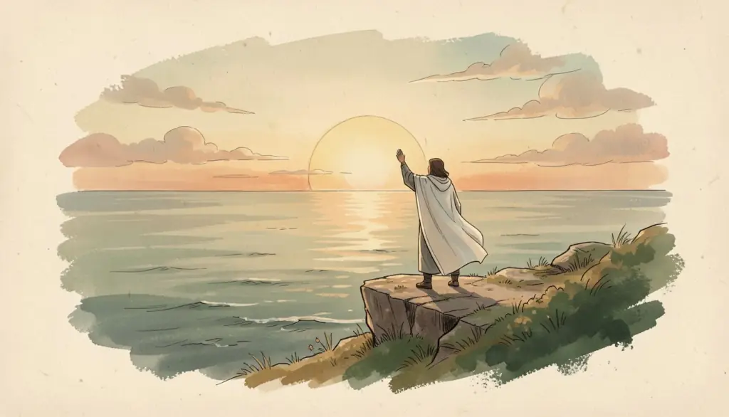A cloaked figure on a cliff raising a hand toward the sunset sea.