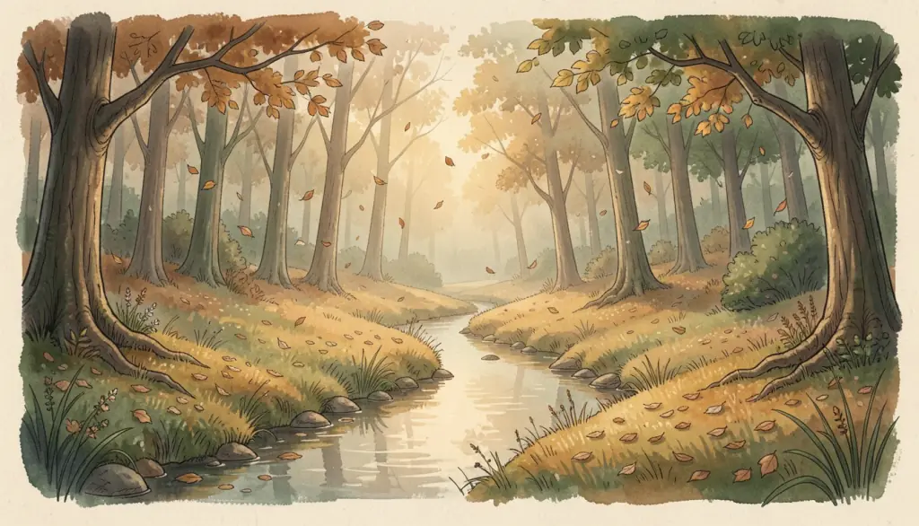 A golden woodland glade with falling leaves and a stream.