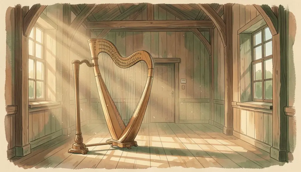 An old harp in an empty wooden hall with dusty sunbeams.