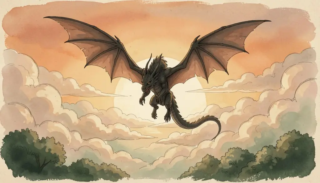 A dragon soaring above clouds at sunrise.