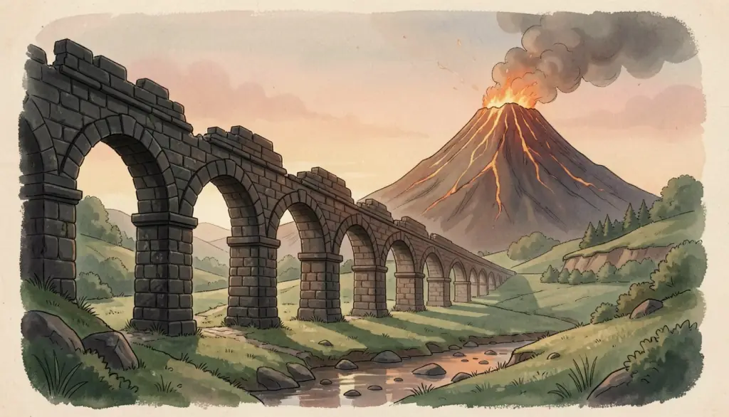A ruined black aqueduct beside a volcano at dusk.