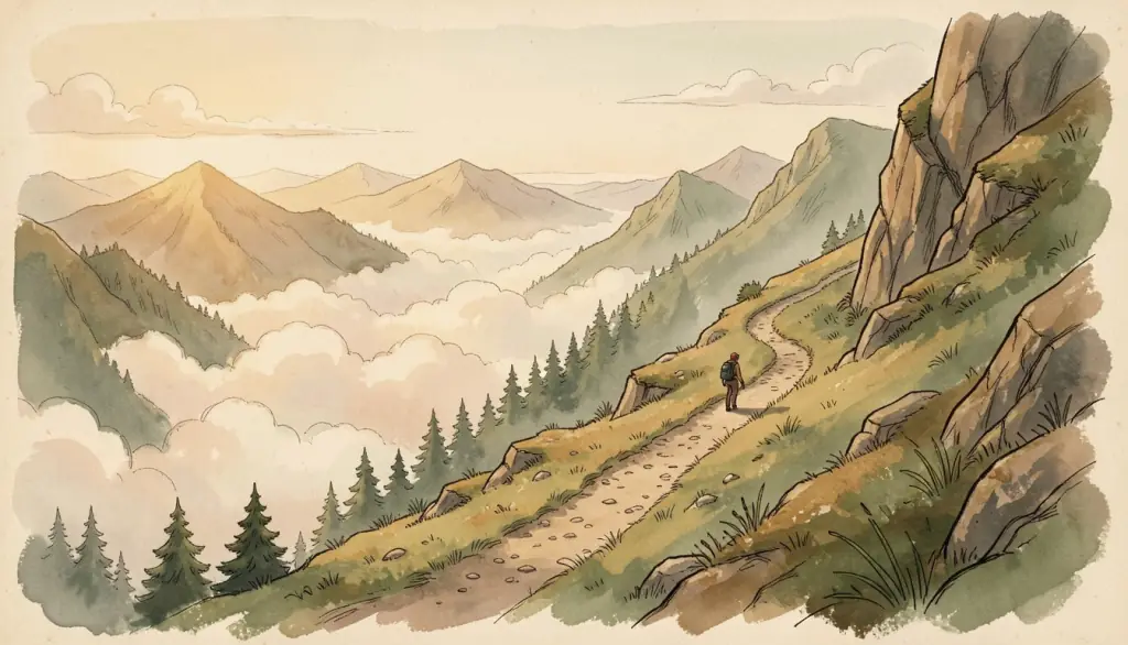 A lone climber on a steep mountain path.